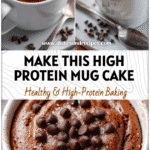 A warm Chocolate Protein Mug Cake in a white mug topped with chocolate chips and a spoon beside it.